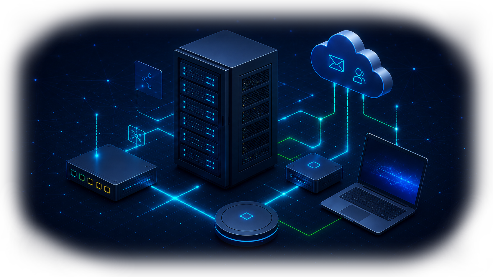 Izometrická IT infrastruktura se serverem, cloudem, sítí a notebookem